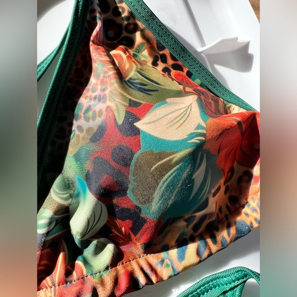 Green Leopard Floral Print Halter Side Tie Bikini Set - Picture 5 of 9